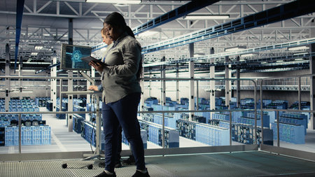 Data center software developers deploy machine learning software on infrastructure racks. Server...