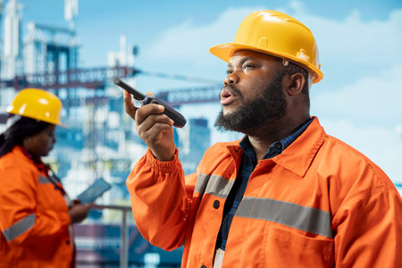 Drilling barge engineer uses walkie talkie enabling quick responses coordination required for...