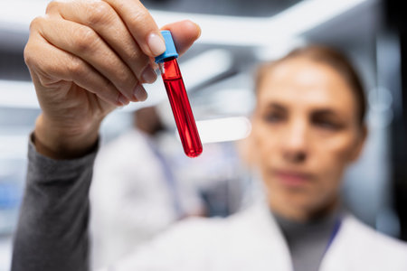 Woman scientist collecting and checking blood in test tubes during drug test, doing a medical study...