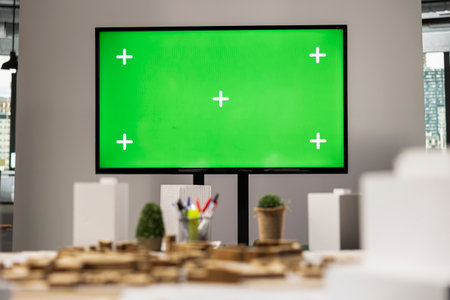 Modern empty real estate business space with copy space on TV monitor, office with structural plans and city maps used for housing project construction site. Urban development strategies.の写真素材
