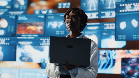 Epidemiologist reviewing viral mutation models on notebook screen. Scientist analyzing 3D virus...