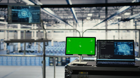 Green screen tablet in server room with equipment rigs supporting AI technology. Chroma key device...