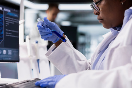 Close up of expert examines biochemistry and genetics in laboratory with samples in jars, advanced...