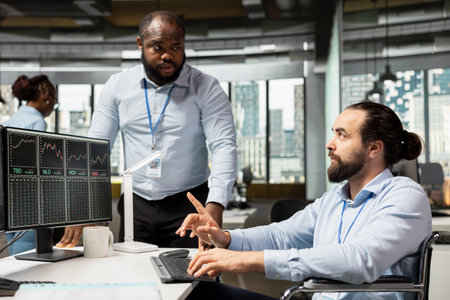 Risk analyst with disability and manager evaluate trading strategies to minimize losses. Supervisor...