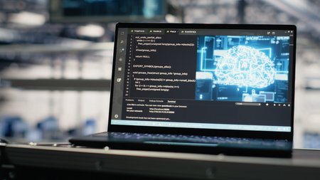 Close up of deep learning coding script running on laptop in server hub doing backups, handling queries. AI tech on notebook in data center enabling enterprise solutions systems, zoom inの写真素材