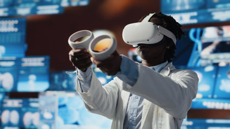 Virtual reality tech used by healthcare researcher analyzing medical data visualizations, doing disease prevention. VR goggles equipment used by scientist doing patient scans research, camera Bの写真素材
