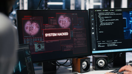 Technicians in AI server hub panicked by hacking attempt on company data. Team of data center IT experts fighting computer virus triggered by security systems, camera Aの写真素材