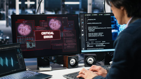 Team of engineers in data center struggles with malfunctions while using AI tools. Frustrated teamworking server hub colleagues try to fix system errors while using artificial intelligence, camera Aの写真素材