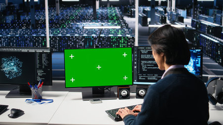 Data center software developer managing AI systems for uptime and efficiency using green screen PC....