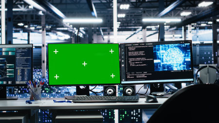 Chroma key isolated screen computers managing data center gear using artificial intelligence tech. Green screen mockup PCs with visual programming software for efficient data processing and storageの写真素材