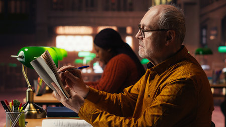 Senior male student reading a book in a study area at a public library, reviewing papers and looking for thesis citations sources. Aged man determined to graduate college.の写真素材