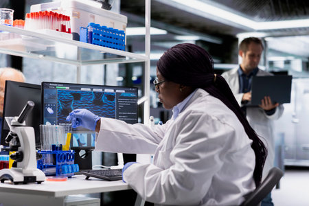 Researcher studies biochemistry and genetics in laboratory with samples in jars, advanced research...