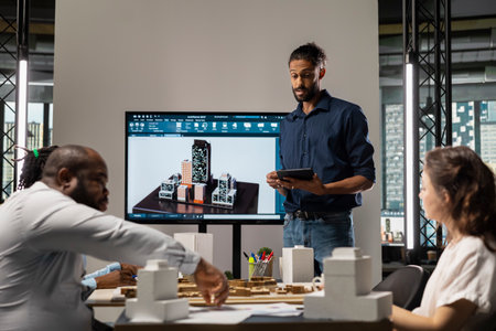 Real estate professionals engage in a team meeting reviewing blueprints and 3D models, finalize planning for a large scale urban development project aimed at housing and infrastructure growth.の写真素材