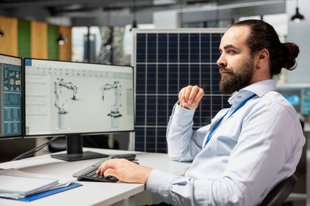 Technician in office designs solar panel cells with reduced environmental impact. RD department expert develops robotic arm systems for automated green energy solar panel productionの写真素材