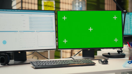 Empty company office features digital resources and mockup on monitor, workspace ready for report...