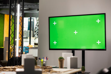 Empty real estate office with a huge isolated green screen TV in innovation hub, prepared for the next project briefing involving smart city planning and apartment construction discussions.の写真素材