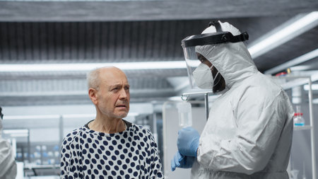 Black medic in quarantine facility provides medical care to patient during outbreak, collecting data...