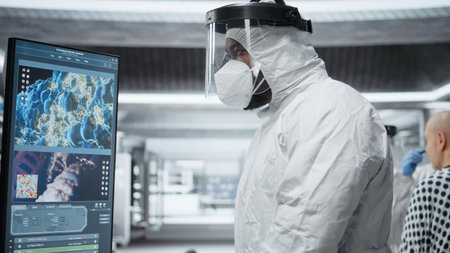 Researcher in a medical laboratory monitoring a patient with viral disease symptoms, collecting diagnostic data and studying immune reactions to improve healthcare prevention strategies. Camera A.の写真素材