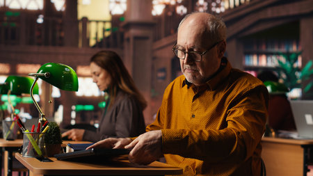 Senior person in a college library working on his thesis under a green lamp, surrounded by books and study materials. Aged student reflecting ambition for learning and achievements.の写真素材
