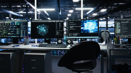 Computers in data center supporting AI training workflows and automated infrastructure systems. PC screens in high tech facility tracking servers hardware processing machine learning datasetsの写真素材