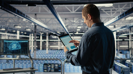Server room IT expert swiping on tablet touchscreen to read data charts, monitoring equipment...