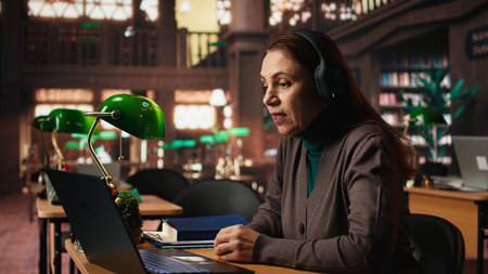 Older woman college student interacting with professor at webinar on laptop, studying in a library...