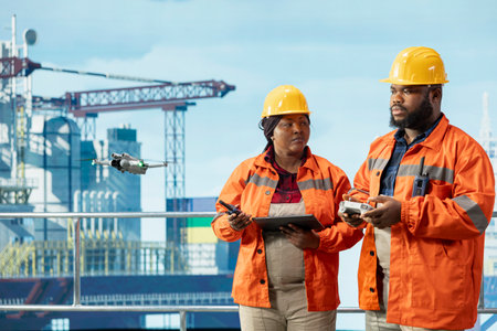 Engineering team on offshore platform doing site surveys using automated drone system. Teamworking...