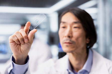 Close up of senior microscopist examining microscope glass slide in laboratory to view cells. Asian...