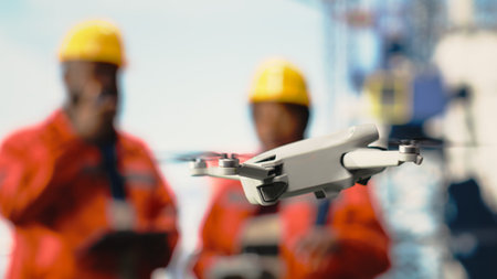 Close up of drone used by operators working on offshore platform, doing site inspection. Engineers...