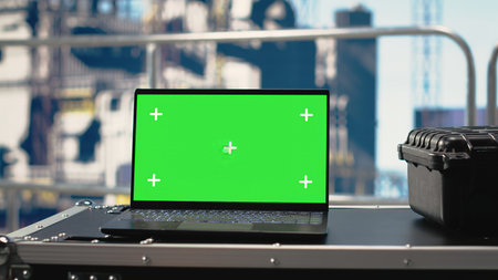 Green screen mockup tablet on drilling rig ship monitoring operations performance. Chroma key device on offshore platform deck with application used to control systems remotely, panning shotの写真素材