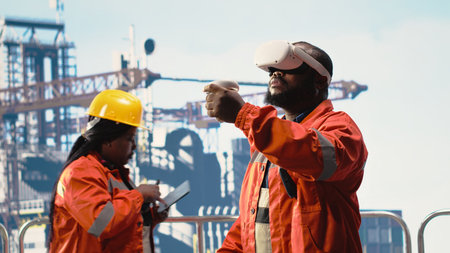 Offshore rig worker supervising deck operations using virtual reality simulation, ensuring compliance with safety protocols. Engineer doing checkup on drilling rig with VR gogglesの写真素材