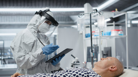 Scientist in hazmat suit studies a patient with an infectious disease, using pharmacology and microbiology techniques to identify symptoms and develop effective antiviral treatments. Camera B.の写真素材