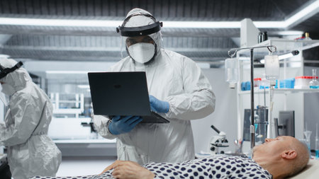 Medic in protective coveralls and gloves treats a patient in quarantine, analyzing infection data...