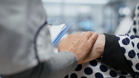 Close up of specialist consoling her senior patient in a clinical testing lab, monitoring vitals and...