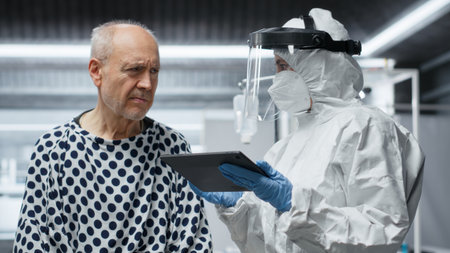 Specialist in protective equipment provides treatment to infected patient, testing vaccine formulas and supporting outbreak prevention through biotechnology innovation. Quarantine. Camera B.の写真素材