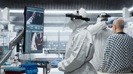 Doctor in quarantine performing clinical study on an infectious patient, testing vaccine responses and monitoring DNA molecules on monitor to develop treatments for epidemics. Camera B.の写真素材