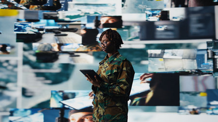 Military officer in war room oversees mission operations using tablet app. African american army soldier using device application to do surveillance and threat monitoring, camera Aの写真素材