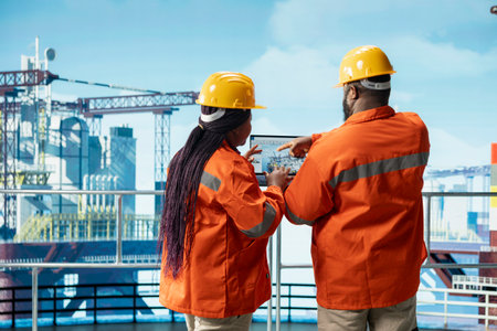 Drilling rig engineers check laptop software dashboard for anomaly detection during operation. Offshore platform workers use notebook program interface to control equipment processes remotelyの写真素材