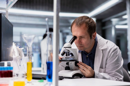 Male researcher at microscope analyzes bioscience samples from lab tray. Focus on cellular observation and detailed molecular study emphasizes the scientific method, biochemistry and data analysis.の写真素材