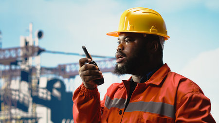 Offshore platform engineer tracks environmental emissions, shares results using walkie talkie. Expert conducts environmental risk assessment for drilling rig sites, talking in handheld radioの写真素材
