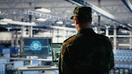 Military data center expert using ballistic missiles radar on laptop to watch for enemy threats....