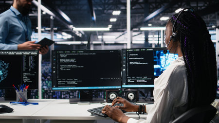 Admin in data center wearing headset assisting users with artificial intelligence troubleshooting....