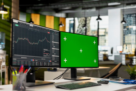 Close up of green screen computer monitor displaying candlestick graphs with stock market shares volatility. Trading interface on chroma key PC showing financial data analysis of stock exchange assetsの写真素材