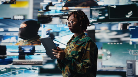Air defense commander using radar systems on tablet app to detect incoming ballistic missiles. Army soldier in base of operations scanning enemy rockets using device application, camera Aの写真素材