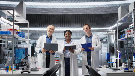 Portrait of diverse group of researchers in the chemistry lab conduct a research study, reflecting diagnostics with biotechnology and biochemistry. Healthcare innovation for medicine.の写真素材