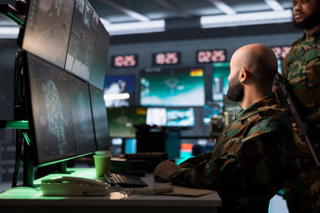 Army expert employing AI tech to improve military warfare systems, strategic decision making and threat monitoring. IT admin uses neural networks to enhance combat operational capabilitiesの写真素材