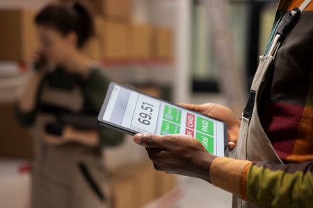 Close up of depot employee checking inventory and preparing parcels for delivery, using a tablet to ensure quality control for shipment services. E-commerce operations and product handling.の写真素材
