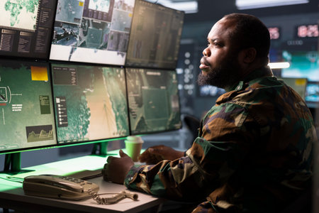 Counterintelligence agent in command center combating terrorism using detection system. Intelligence...