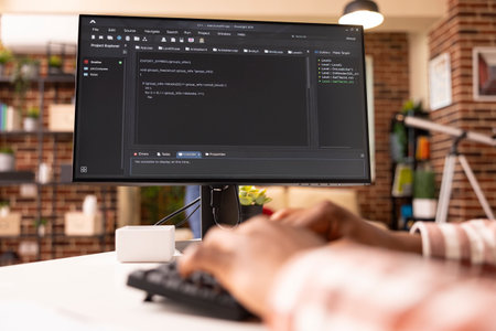 African american programmer works remotely at home desk, typing on computer keyboard while updating software code. Black person troubleshooting and improving app development tasks.の写真素材