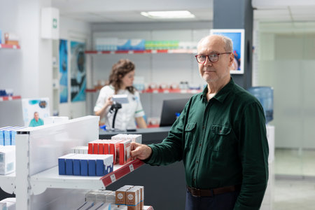 Portrait of happy retired man searches for wellness pills during pharmacy visit, looking for alternatives to help with self care and mobility due to old age.の写真素材